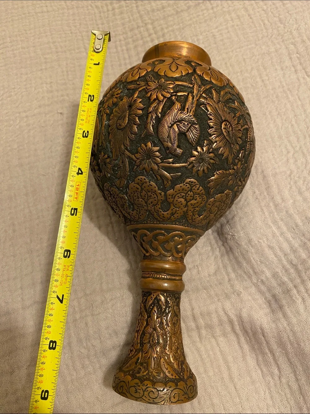 Ornate Bronze-Tone Floral Embossed Vase - Brown